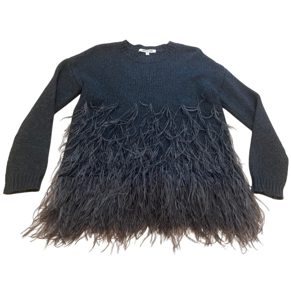 Elizabeth and James Gray Feather Trim Scoop Neck Sweater Women's Small